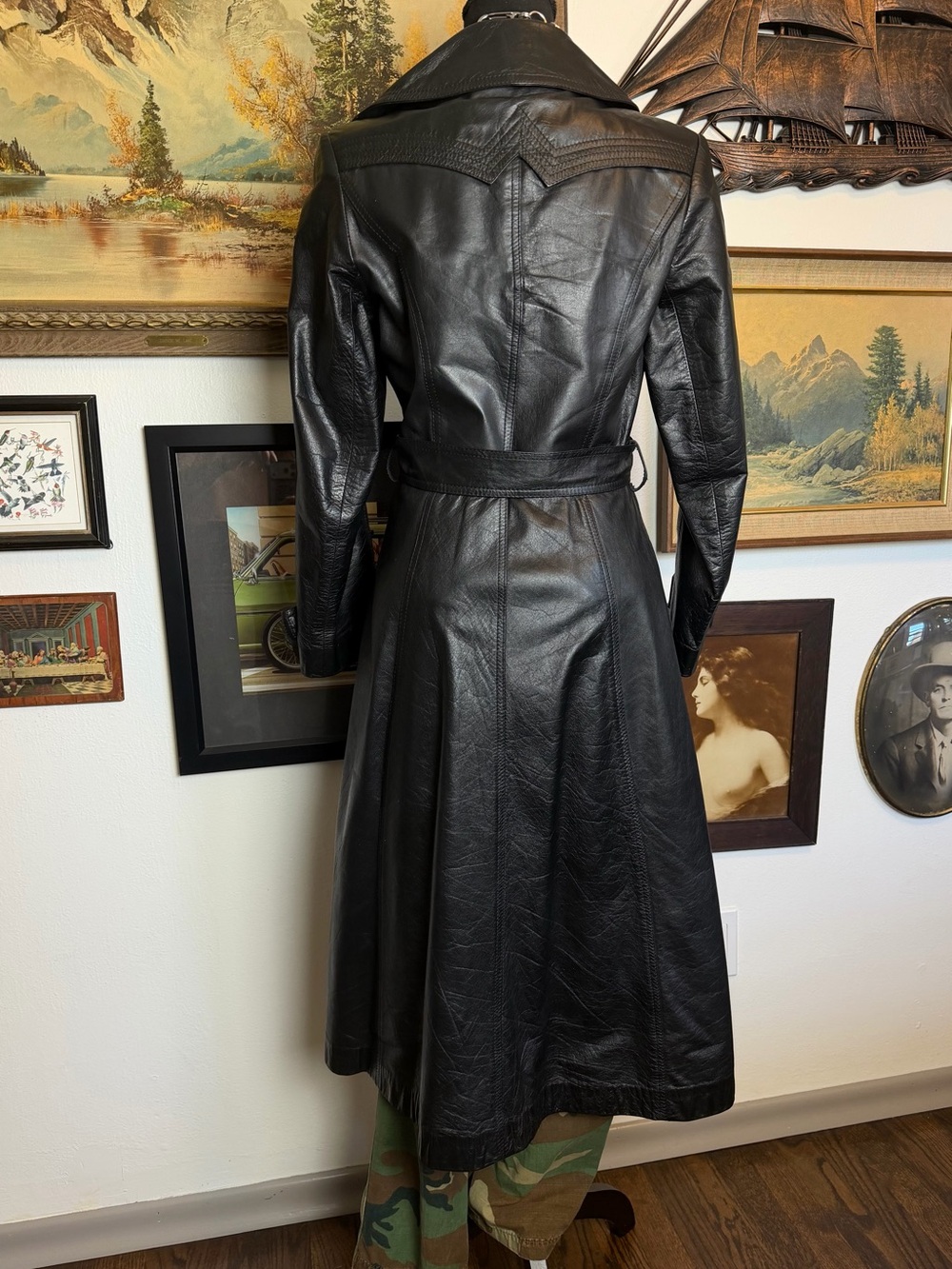 Vintage 1970s-80s Black Leather Belted Trench Coat XS-S - Picture 10 of 15